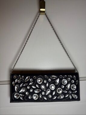 Inge Christopher Black Embellished Evening Clutch with Chain Strap